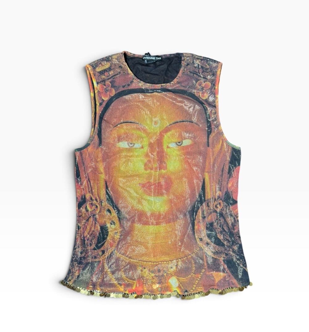 Rare Vtg 1997 Vivienne Tam Women's 3 Buddha Mesh Gold Fringe Tank Top EUC